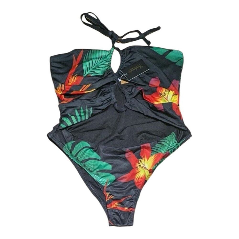 Frederick’s of Hollywood Cabarita One Piece Black Tropical Swimsuit M New